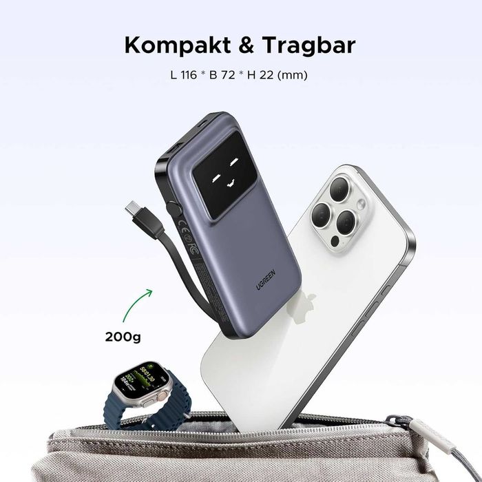 UGREEN UNO 10000mAh 30W Power Bank с вграден кабел
