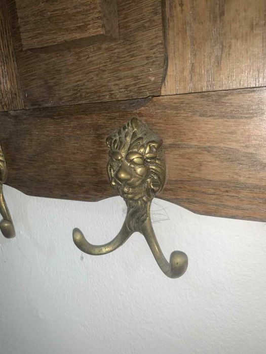 Cuier de perete din lemn masiv 5 carlige din bronz vintage