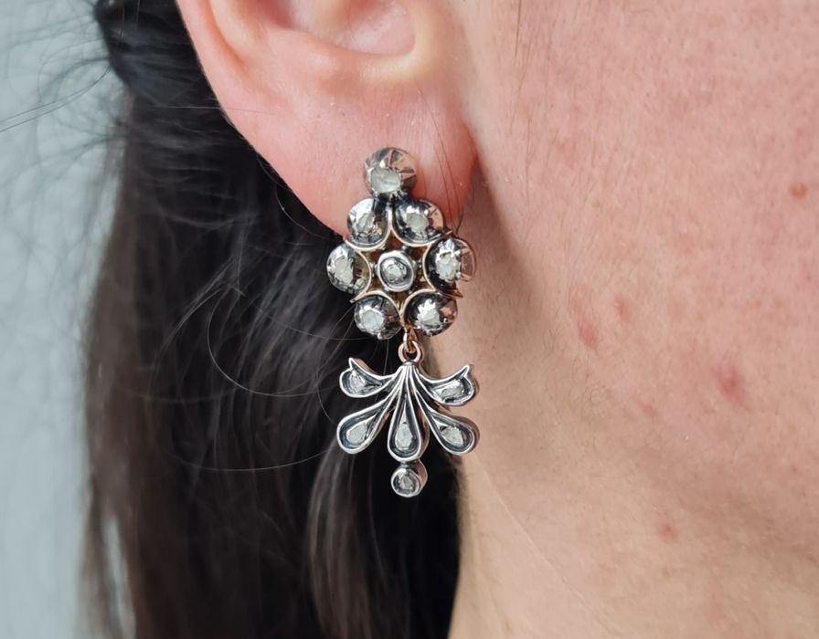 Cercei din aur roz 14k, argint, cioburi de diamante naturale