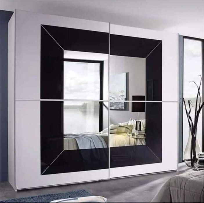 Dressing/Dulap 315/236/65 cm 2 usi culisante alb/oglinda/negru