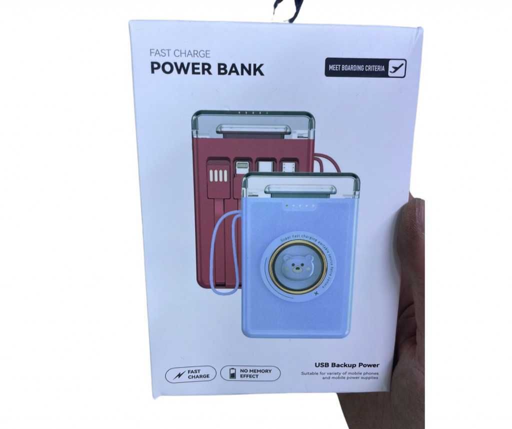 Компактна Външна Батерия Power Bank с вградени 4 кабела, 10000 mAh