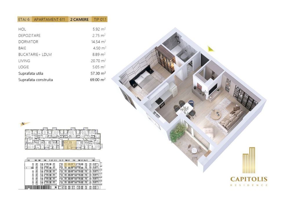 Apartament cu 2 camere, orientare E, etaj 6, Capitolis Residence