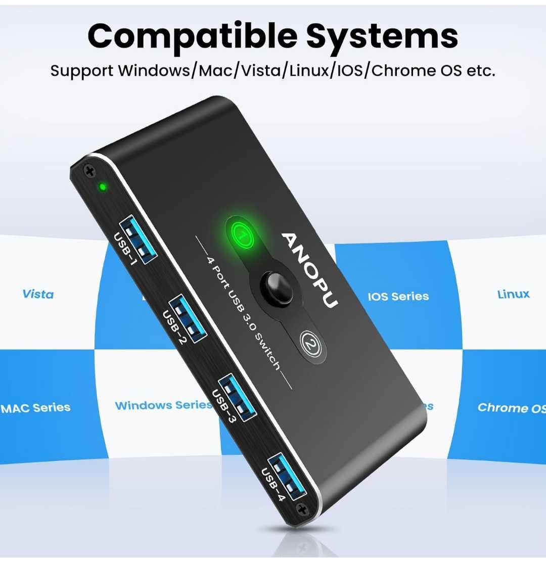 USB превключвател KVM алуминиев USB3.0 2 компютъра споделящи 4 USB