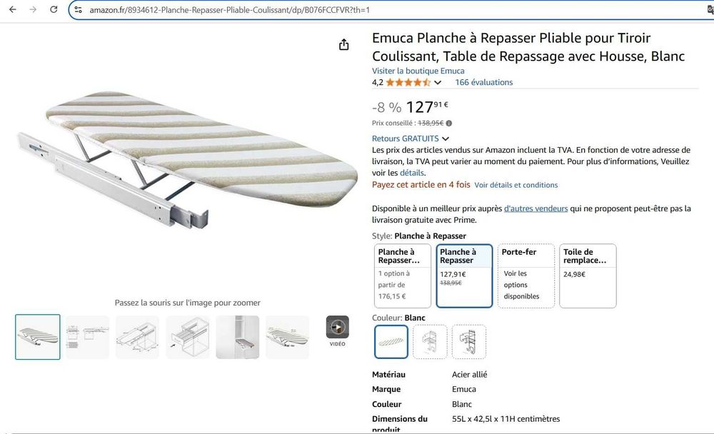 Masă de călcat Emuca extensibilă și pliabilă, cu montare în sertar