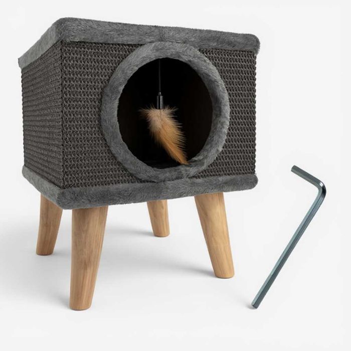 Casa pisici cu pat si loc de joaca picioare din lemn 38 x 32 x 32 cm