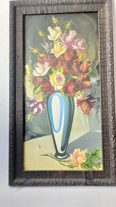 Tablou vechi, vază cu flori.