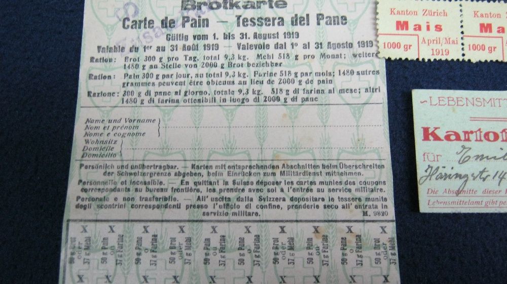 Cartele de rationalizare alimente,WW1,Elvetia.1915-1919.