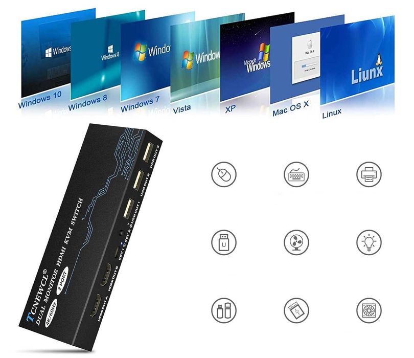 Switch HDMI KVM 2-port Dual Monitor, 4K 60Hz,TCNEWCL KS922,HDR HDCP