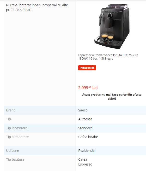 Espressor automat Saeco Intuita HD8750/19, 1850W, 15 bar, 1.5l, Negru