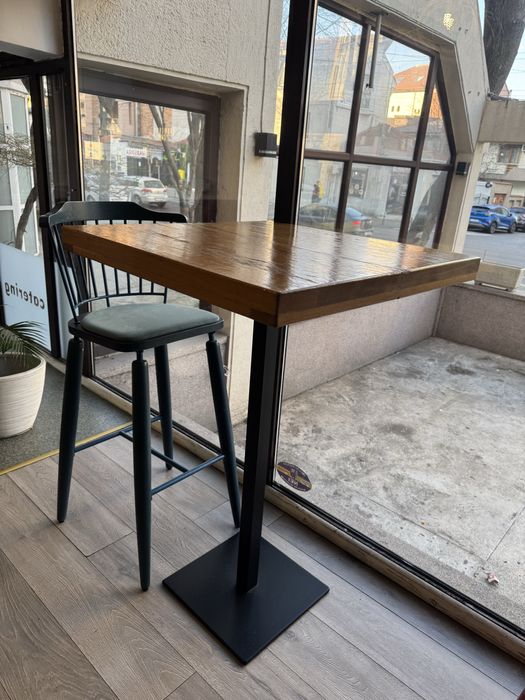 Masă bar înaltă, blat lemn masiv + picior metalic-15buc