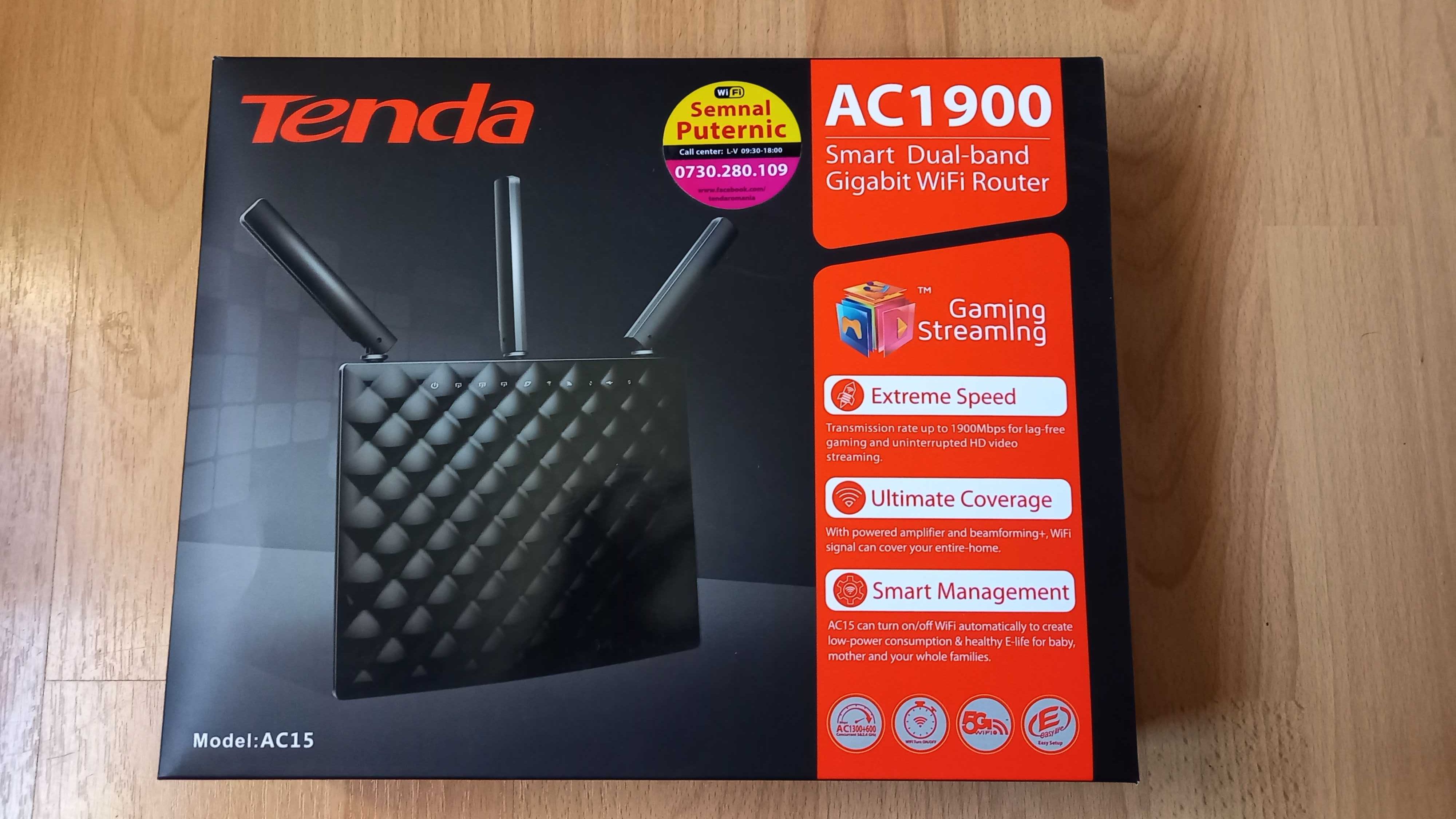 Router wireless Tenda AC15, AC 1900Mbps Dual-Band, Gigabit, 3 antene