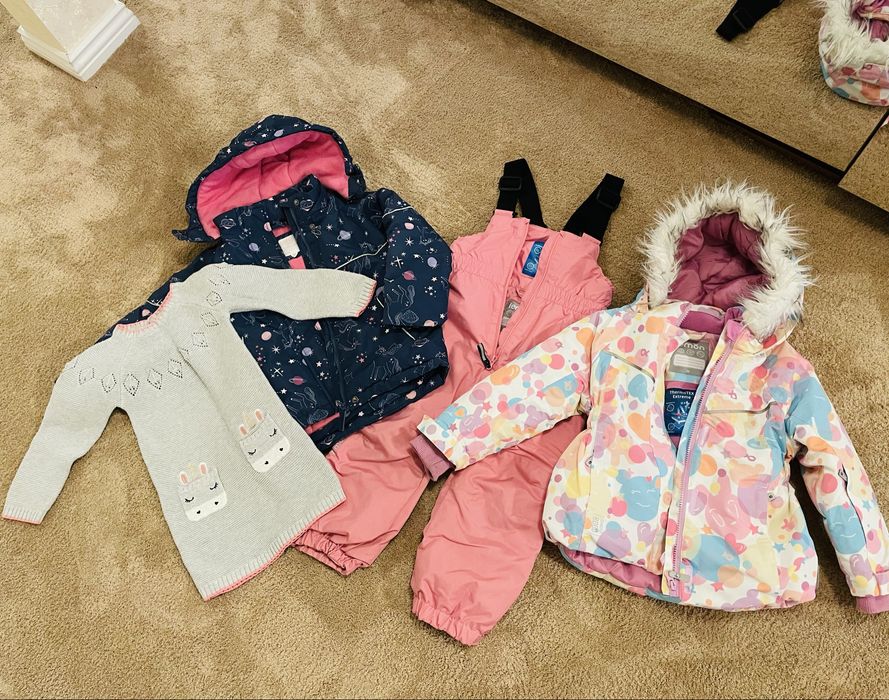 Lot geci iarna + pantaloni schi + rochita bumbac marime 98