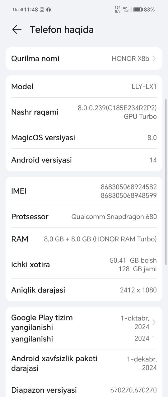 Honor x8b  Ram 8+8 turbo ishlashi zur