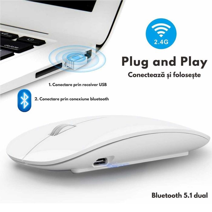Mouse Wireless, Dual Mode Bluetooth 5.1 & 2.4GHz, Reincarcabil USB-C