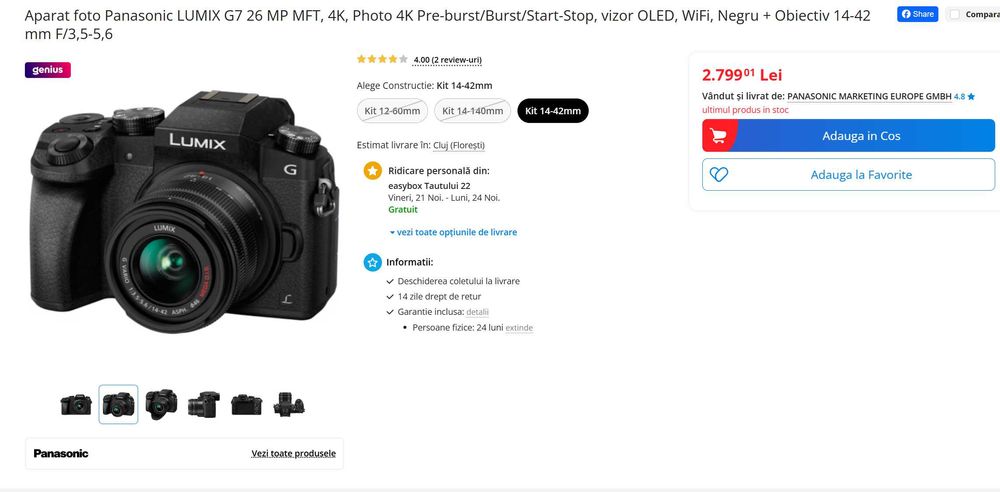 Panasonic LUMIX G7  mirrorless, 4K + Kit 14-42mm la cutie