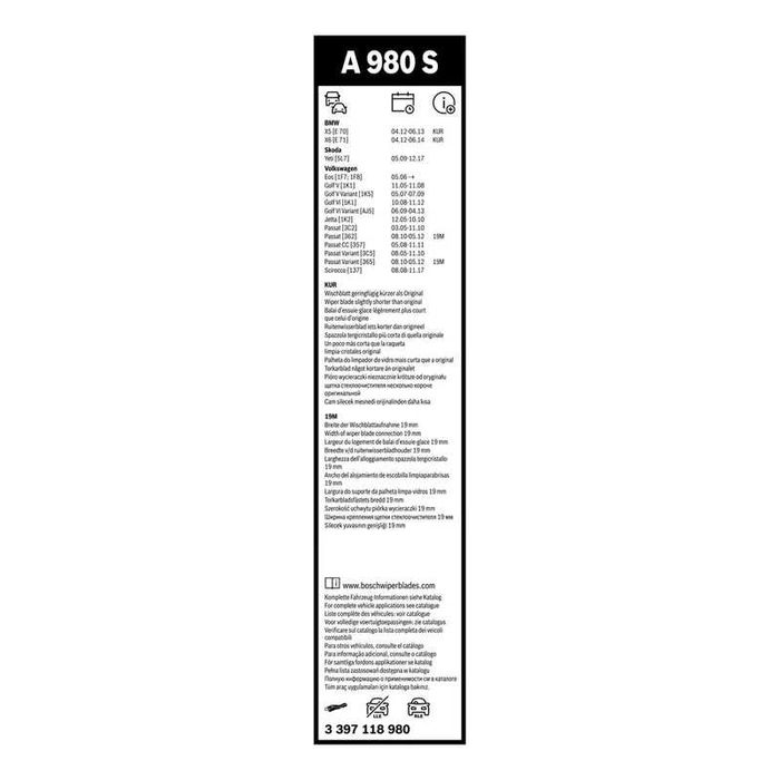 Комплект автомобилни чистачки BOSCH Aerotwin A 980 S 600мм + 475мм