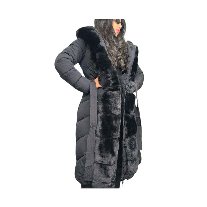 ПРОМО страхотно дълго яке с голям черен пух и качилка S-XXL