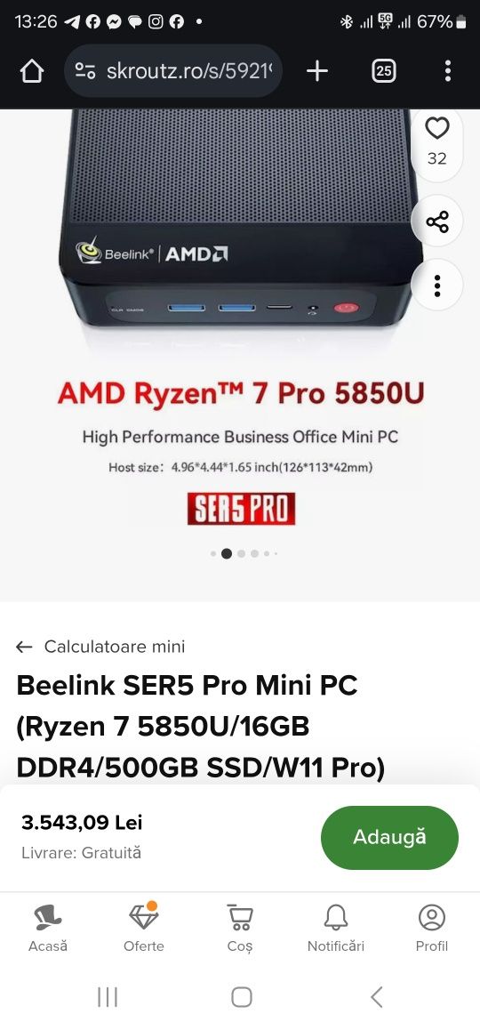 Super pret! Beelink SER5 Pro Mini PC (Ryzen 7 5850U/32GB DDR4/500GB