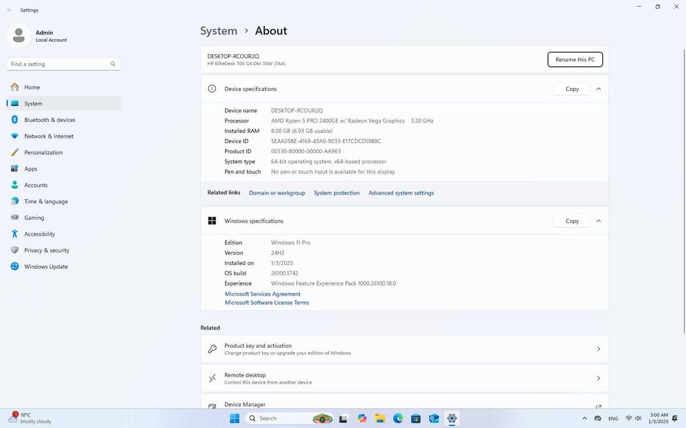 HP ELITEDESK 705, G4, Ryzen 5 2400ge, 8GB DDR4, 240GB NVMe, HDD 500GB