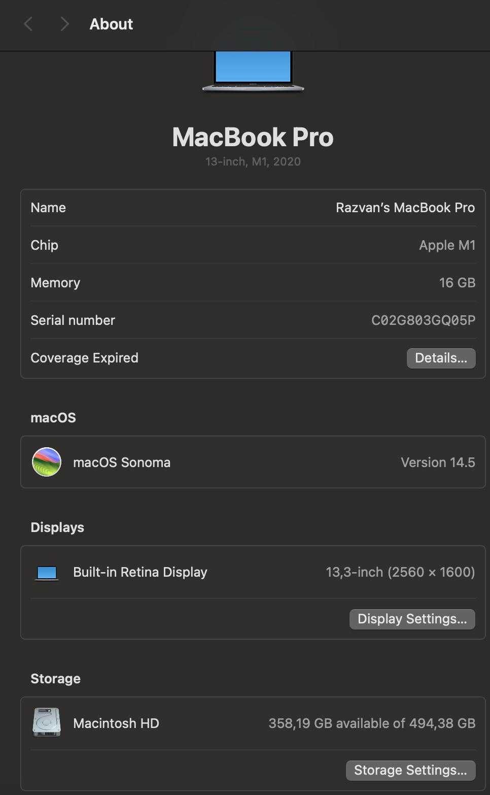 MacBook Pro, 13-inch, M1 cip, 16 GB RAM și 512 GB SSD.