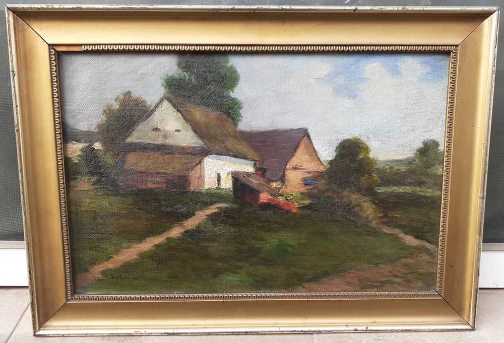Tablou vechi 1909 - peisaj cu case -  semnat