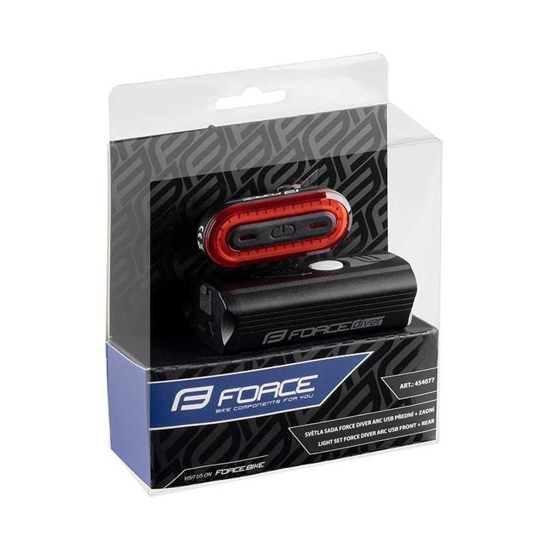 Комплект LED светлини за велосипед FORCE DIVER ARC USB, Фар и Стоп