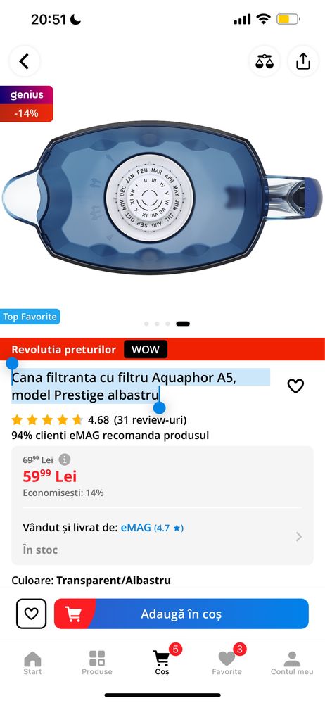Cana filtranta cu filtru Aquaphor A5, model Prestige