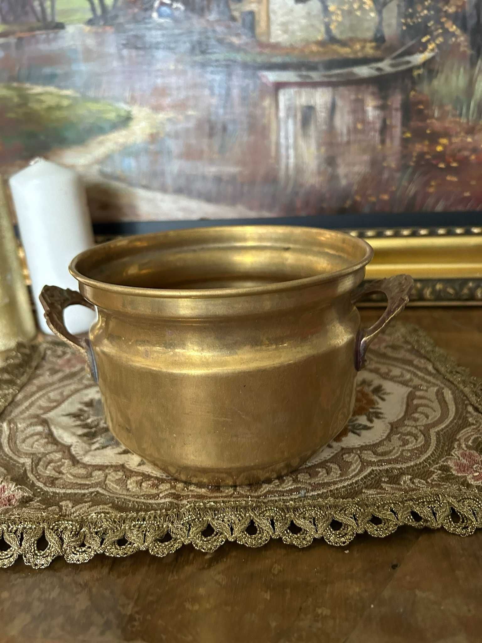 A154 Bol de alama si decor bronz 403g 10h si 15 cm diametru