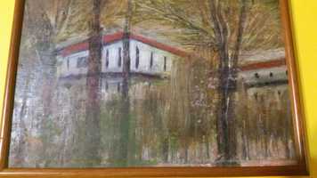 Горски пейзаж с къща, рисуван на ръка с акрил или масло.