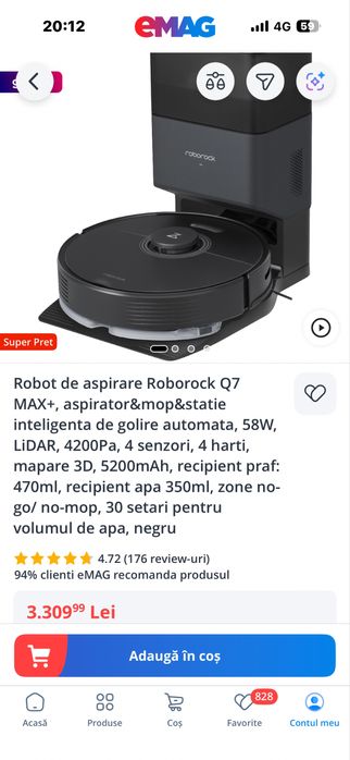 Robot de aspirare Roborock Q7 MAX+, aspirator&mop&statie