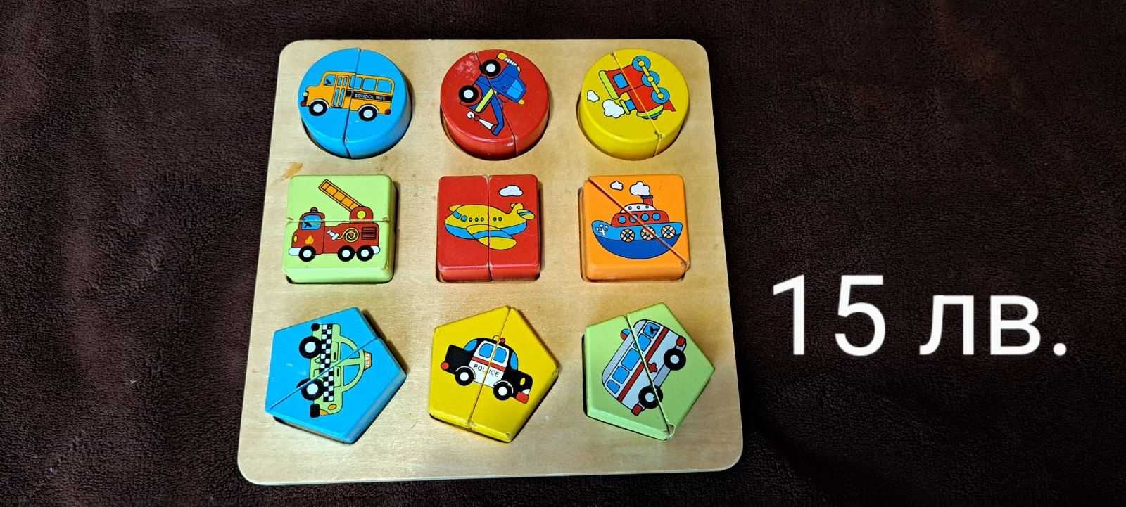 Играчки - дървени низанки, сортери. Прожектор охлюв. Пъзели.