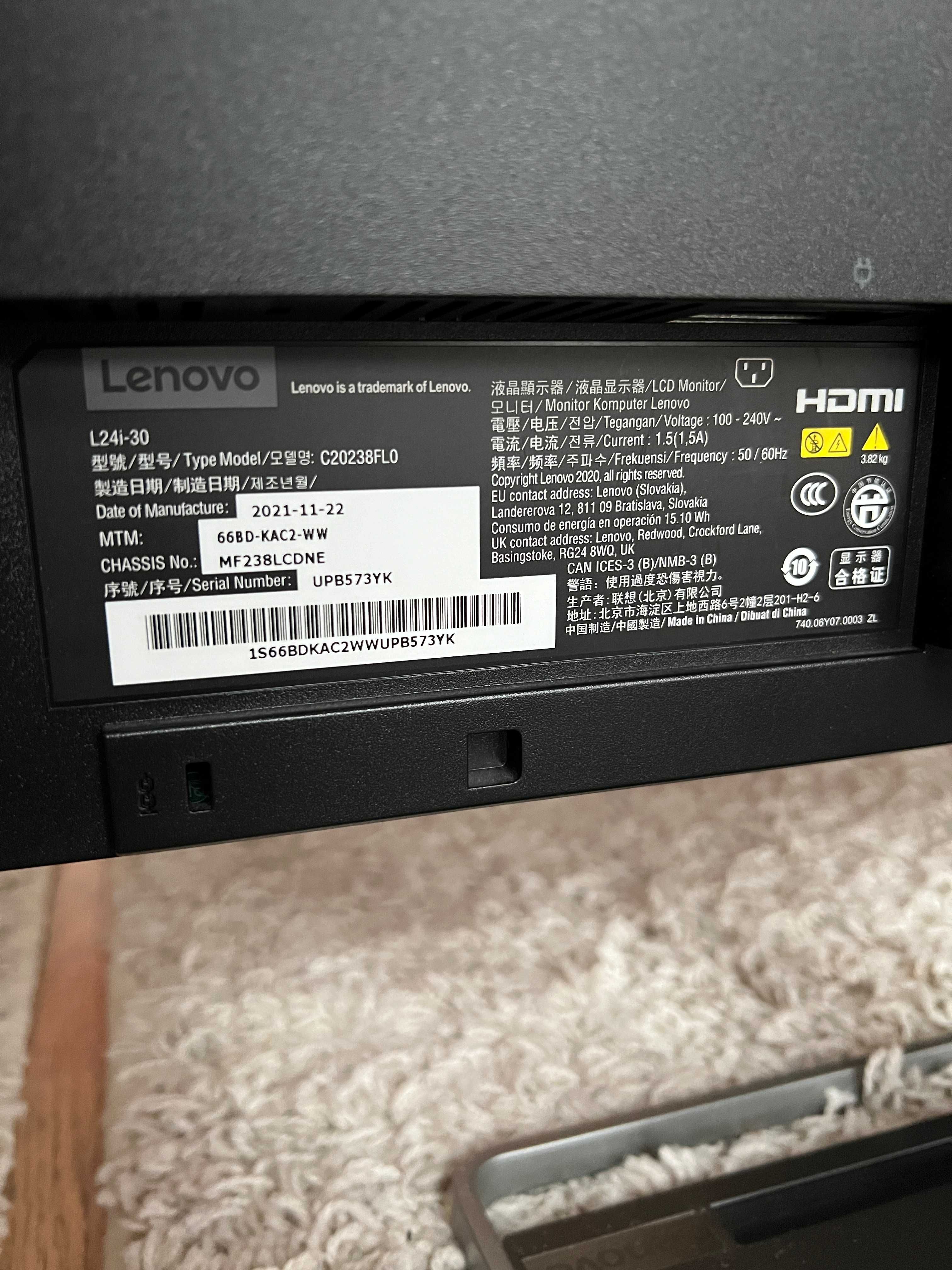 Монитор Lenovo L24I-30, 23.8'' IPS, 1920x 1080, 250 nits, 6ms, HDMI