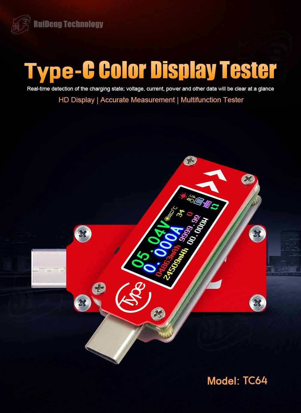 USB Tester TC64 Type-C Color LCD Voltmeter Meter Multimeter тестер