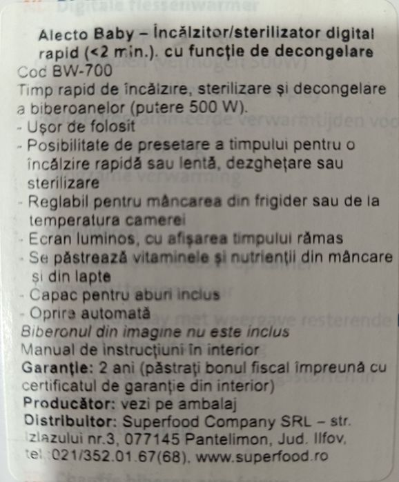 Alecto Sterilizator digital rapid cu decongelare, BW-700