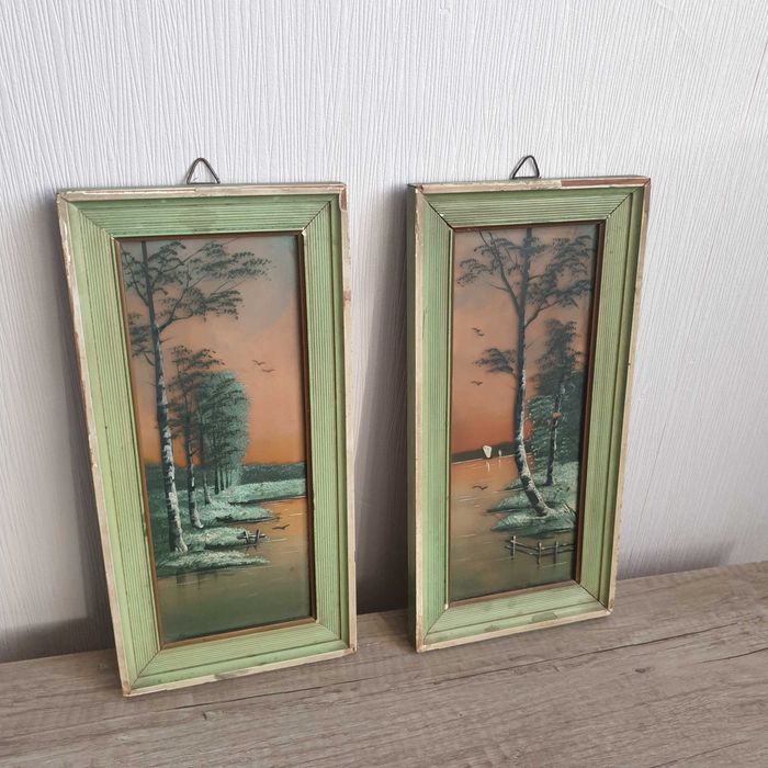 Стари малки картини „Езерен пейзаж“, рисувани върху стъкло