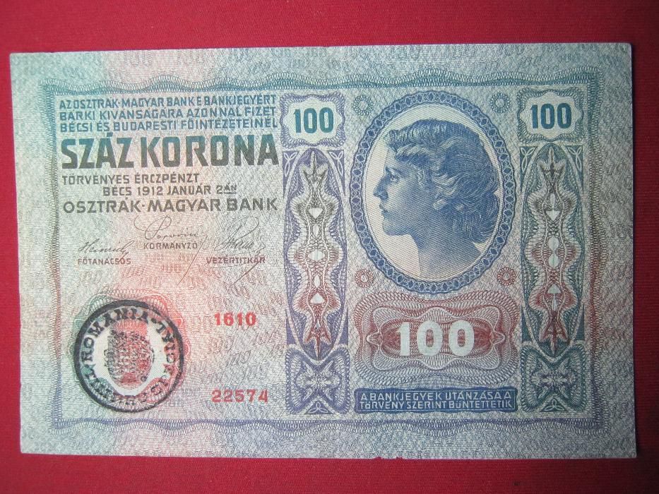 100 Korona,UNC,prima bancnota romaneasca adoptata in Transilvania,1912