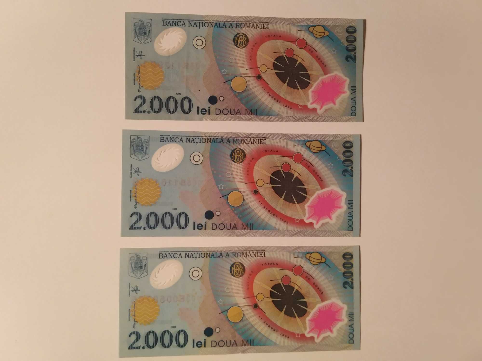 3 bancnote de 2000 de lei, cu eclipsa totala de soare/BNR -1999