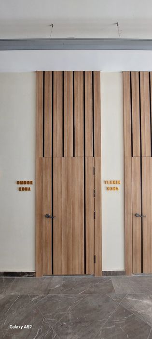 Eshik, pluntis, ofshivka, zinalarga perila o‘rnatamiz. Yog‘och ishlari