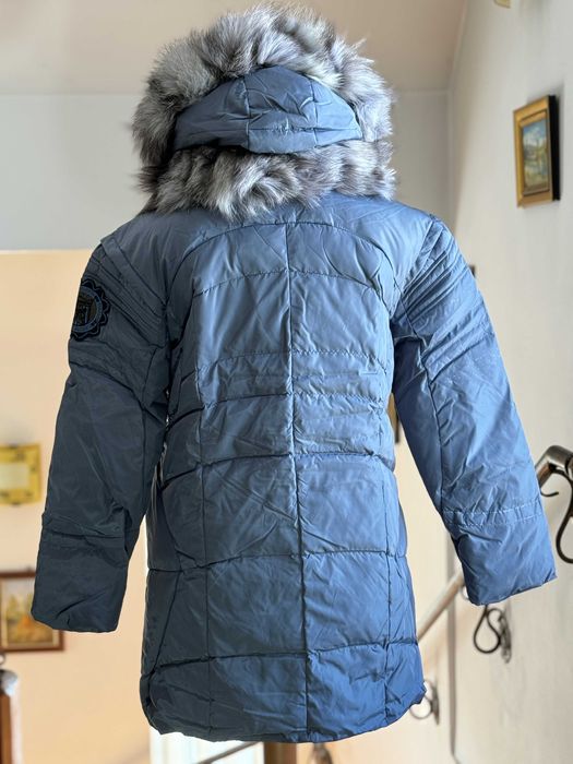 Parka dama gri cu glugă și guler din blană naturală de vulpe