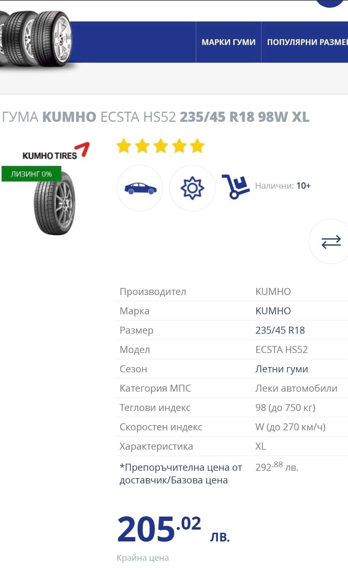 Чисто НОВИ гуми 235/45/18  Kumho ECSTA HS52