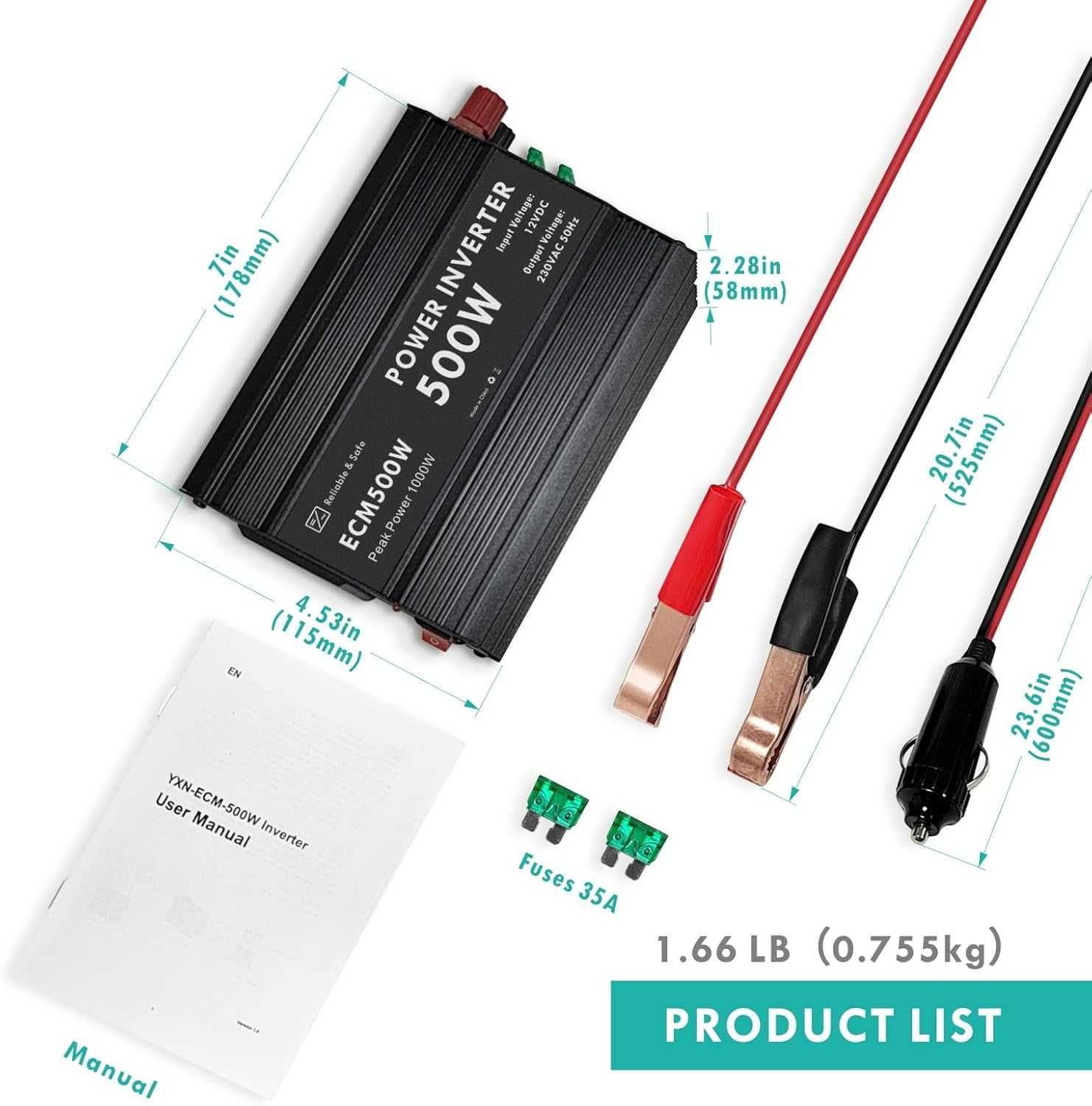 ECM 500 W модифициран синусоидален захр. инвертор DC 12 V към AC 230 V