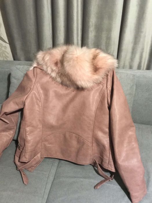 Geaca piele eco cu blana, culoare roz pudră