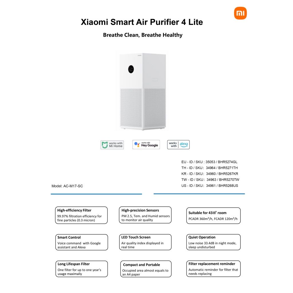 Очиститель Воздуха Xiaomi Smart Air Purifier 4 Lite EU 1 Год Гарантия