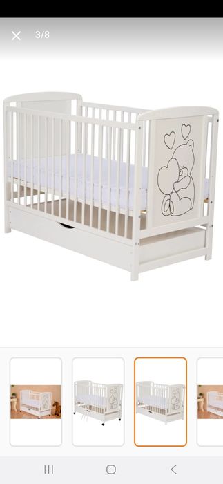 Vând Patut din lemn Qmini Timmi cu sertar si roti Alb + Saltea 12 cm