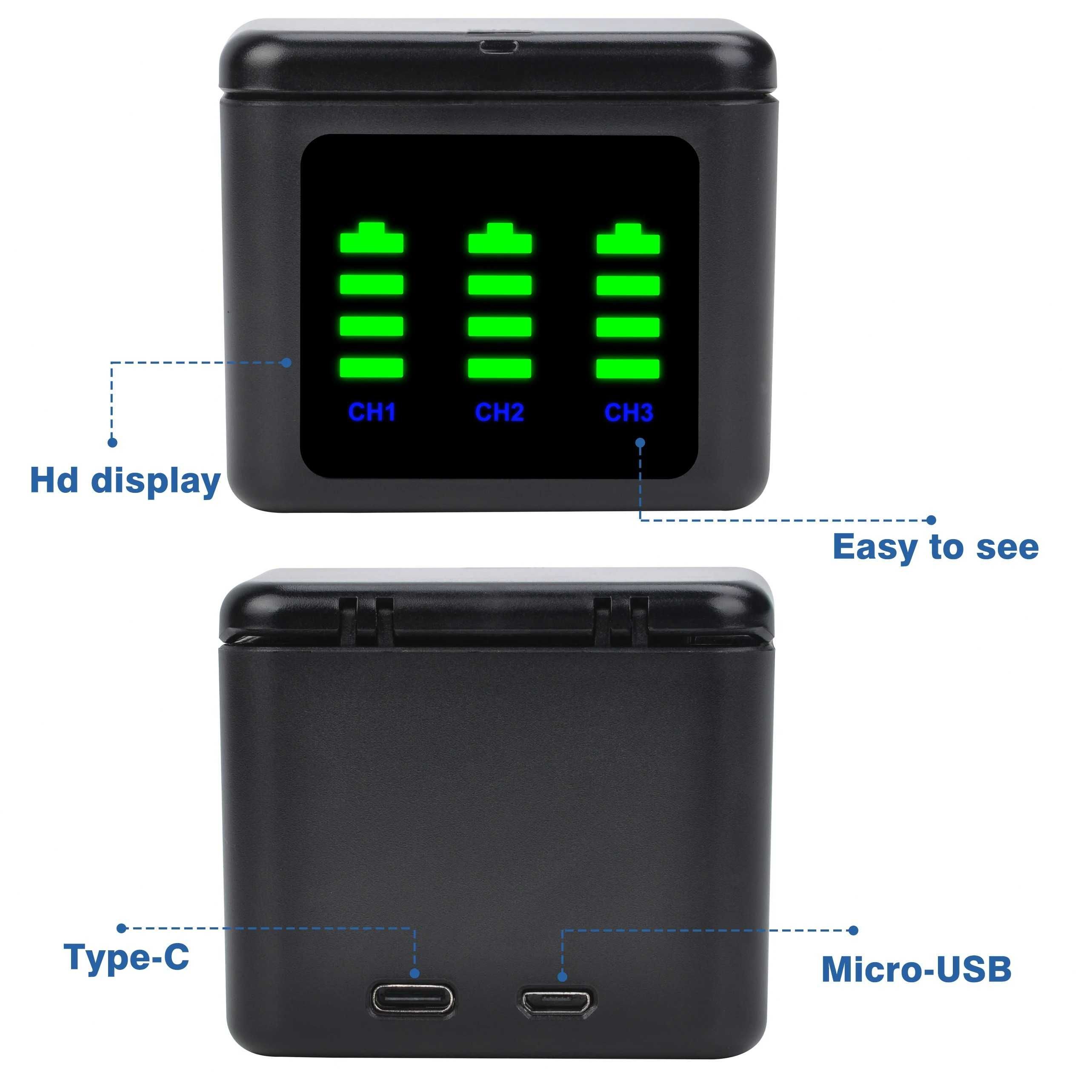 Set 2 acumulatori + incarcator triplu USB-C GoPro Hero 9 10 11 12