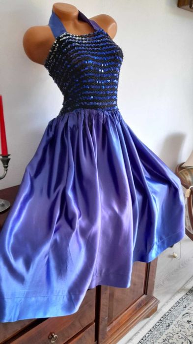 Rochie unicat de atelier Viena, halter, paiete & satin degrade