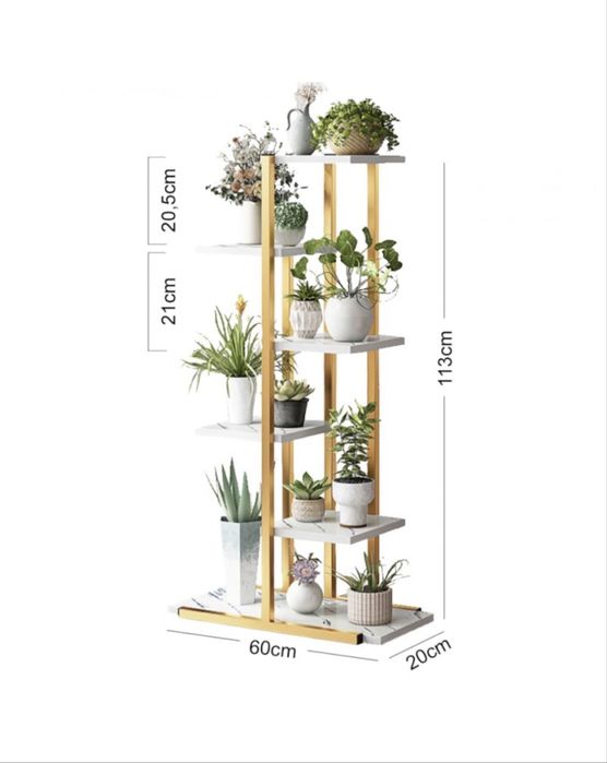 Поставка за цветя, метална, бяла, с 6 дървени рафта, 113 x 60 x 20 cm