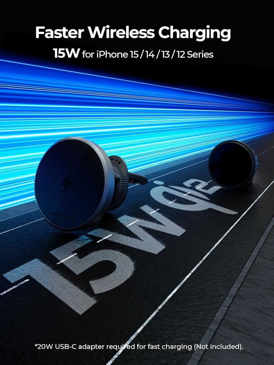 AMEGAT Магнитно безжично зарядно за кола за iPhone 15/14/13/12,15W