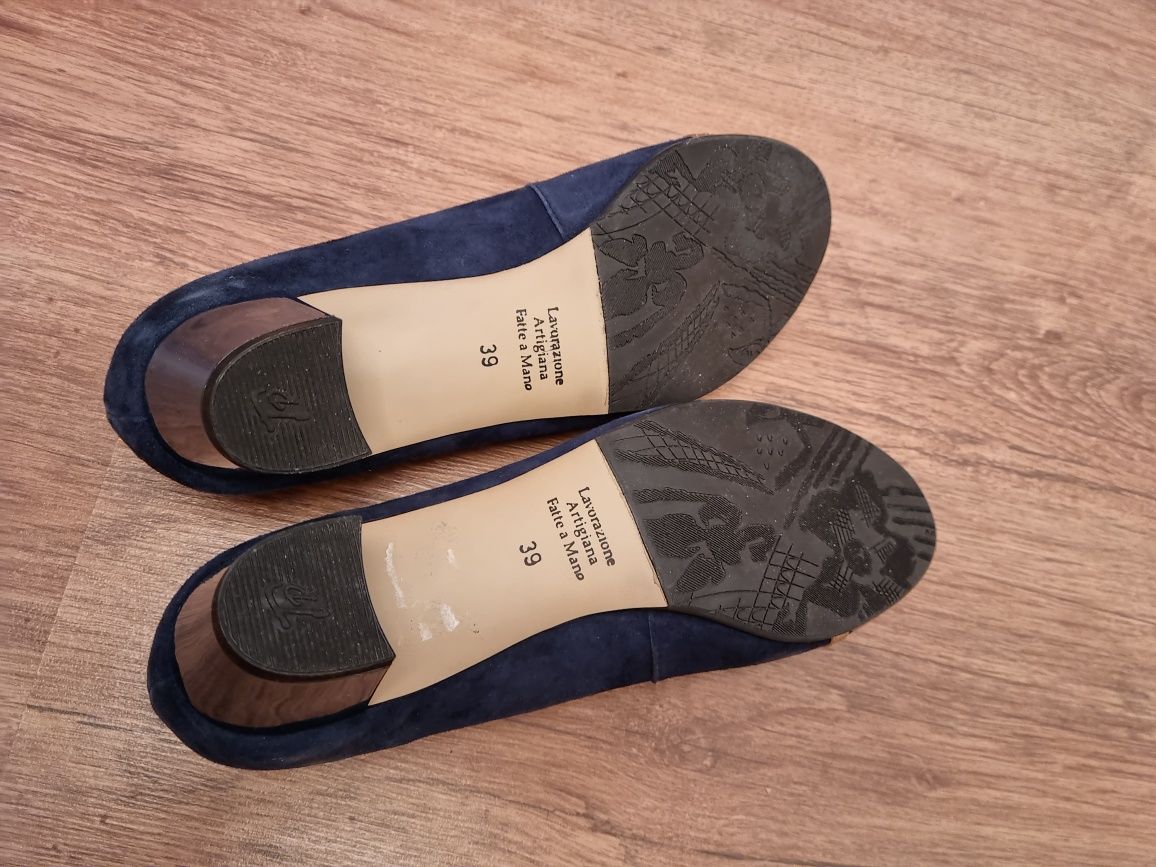 Pantofi Clarette mas 39 toc de 5 cm bleumarin cu auriu piele intoarsa