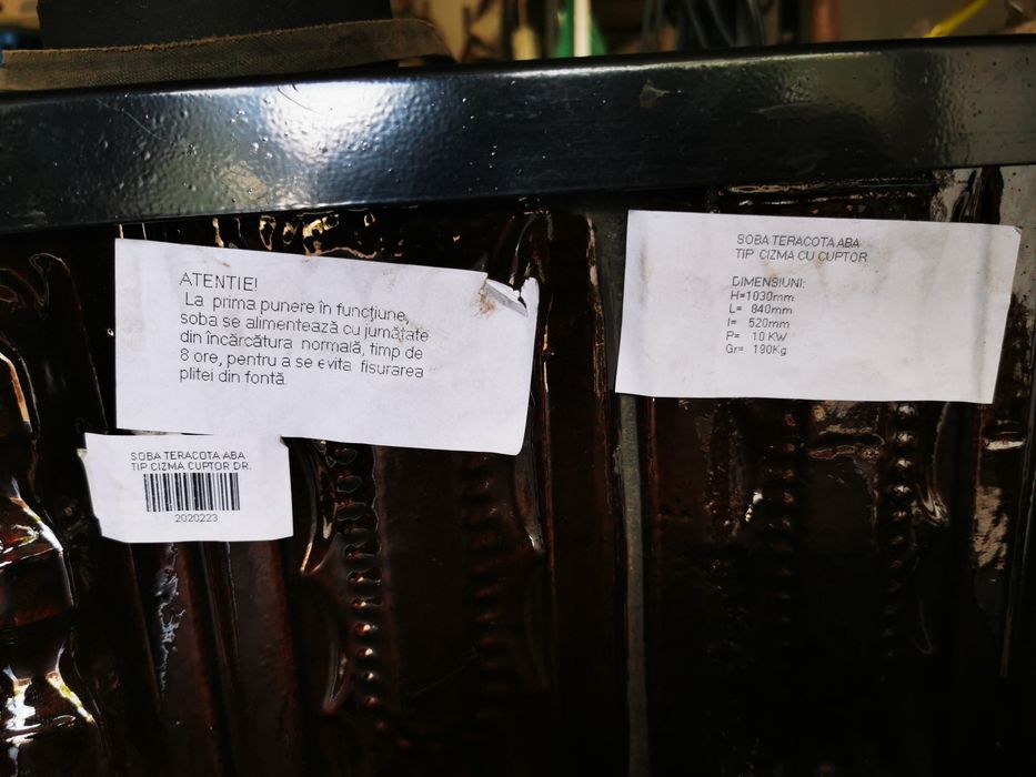 Soba teracota pe lemne, cu plita si cuptor de gatit, Aba, tip cizma,